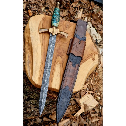 Sztylet z damastu 465 mm – ręcznie kuty | Żywioły Craft